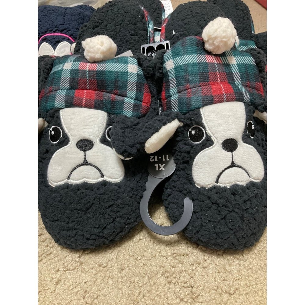 XL 11-12 French Bulldog House Shoes Slippers Black Plaid - Picture 2 of 5